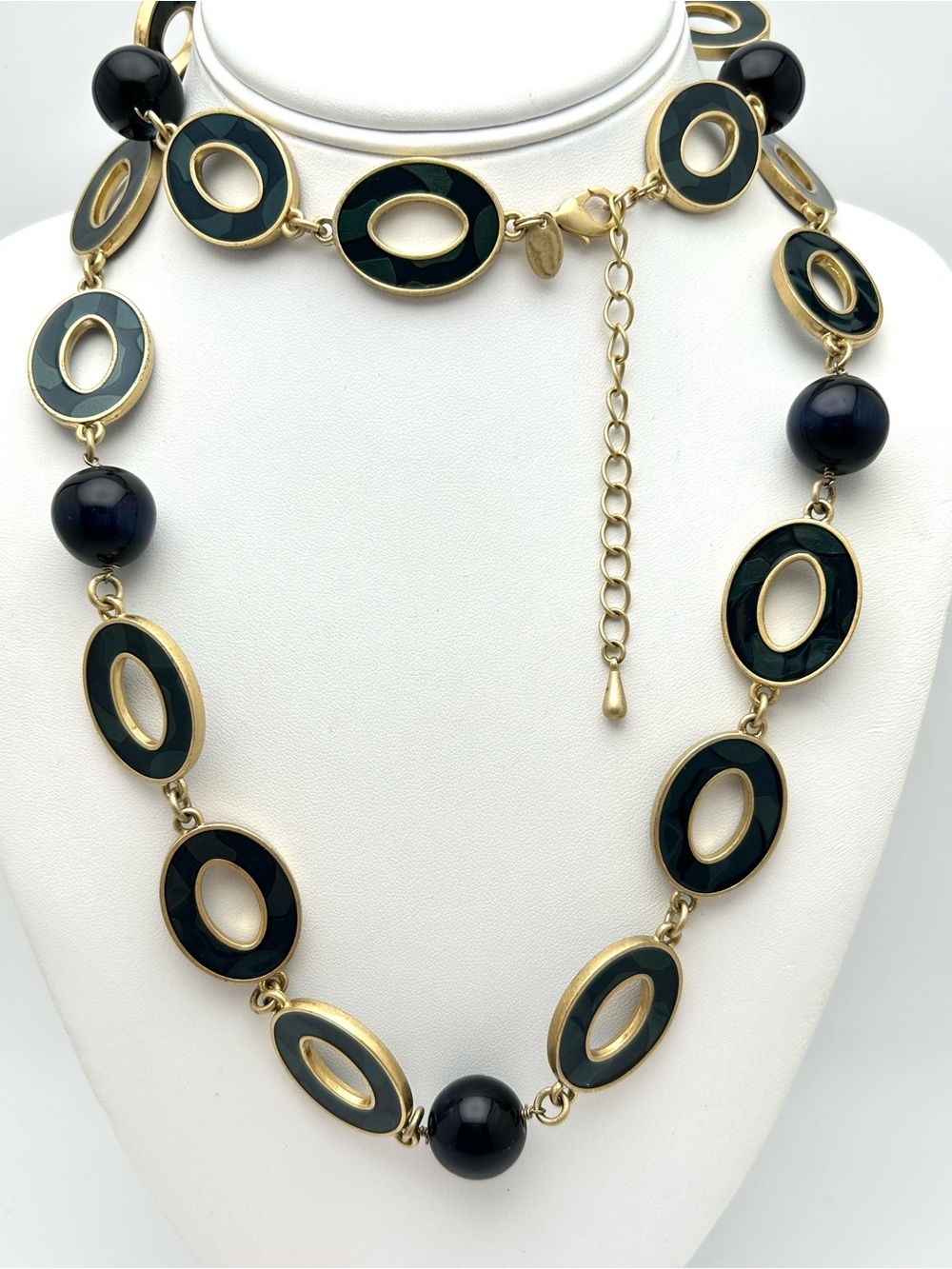 Lia Sophia Black Bead and Green Oval Disc Necklace